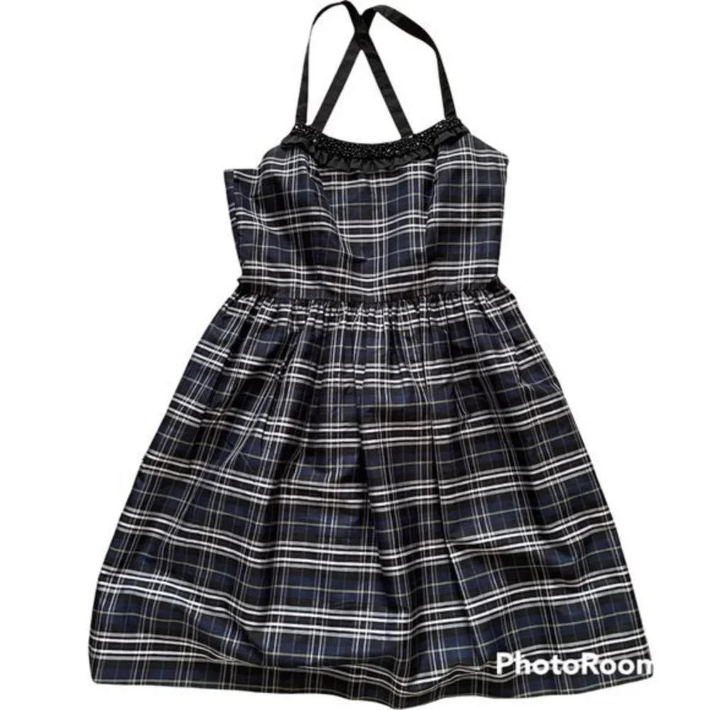 KensieL Ladies Teen Party Plaid Dress with Beaded Neckline, S